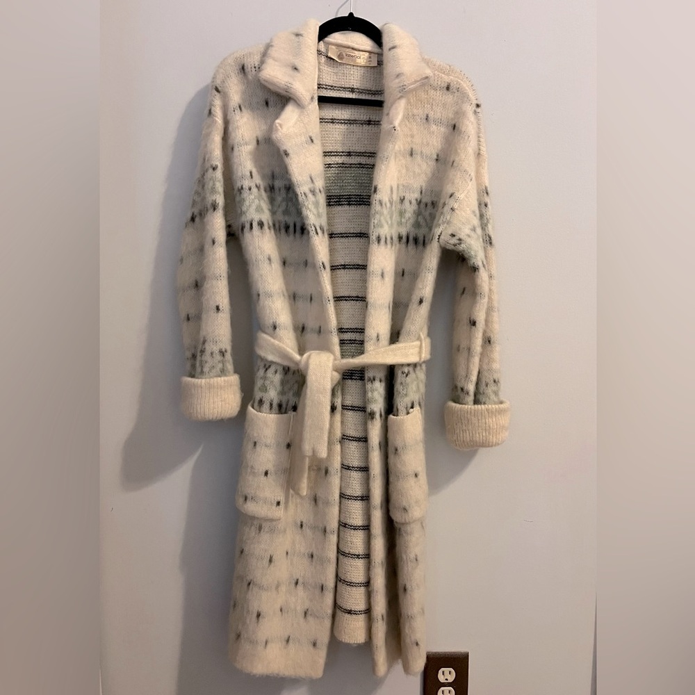 ALAFOSS ICEWOOL Ivory & Brown Virgin Wool Full-Zip Belted Sweater Coat-  Sz S - Picture 2 of 14